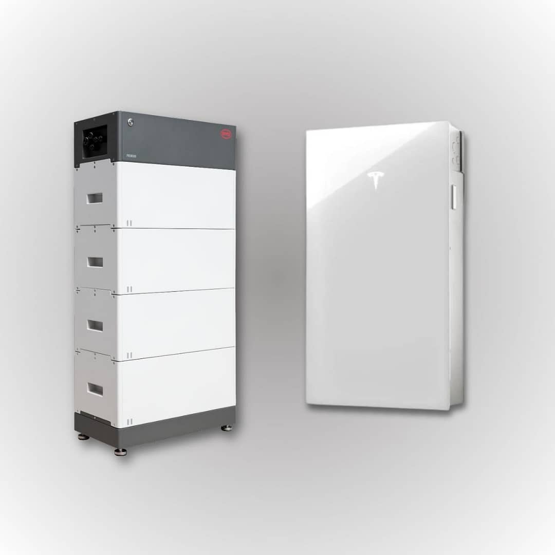 BYD v Tesla BYD battery stack and Tesla Powerwall 3 on a gradient black and white background
